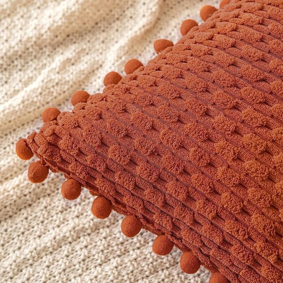 Pompom Orange Stripe Texture Corduroy Farmhouse Cute Luxury Soft PillowCover Set - Picture 3 of 7
